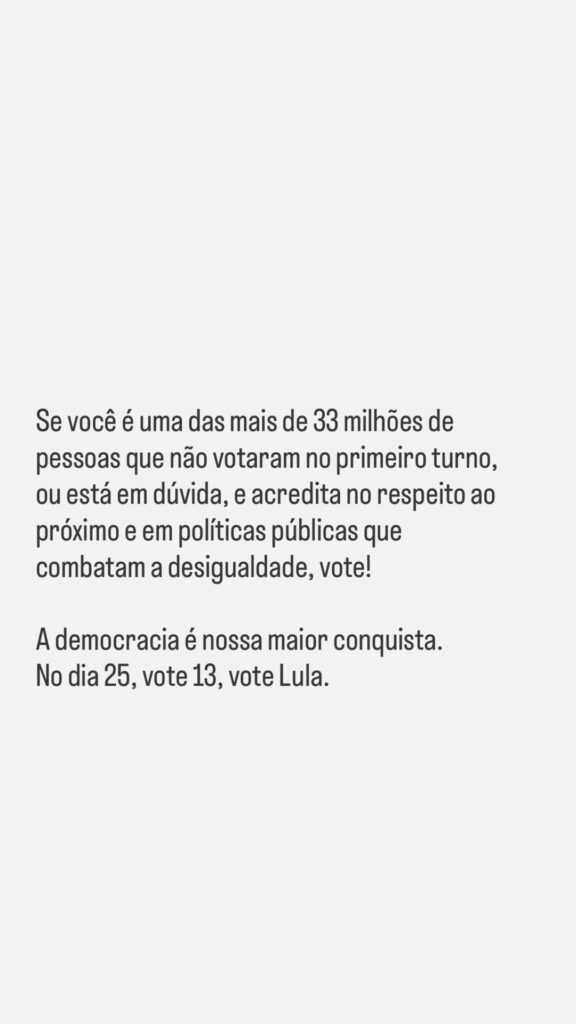 Story de Taís Araújo anunciando apoio a Lula no 2° turno. Foto: Divulgação