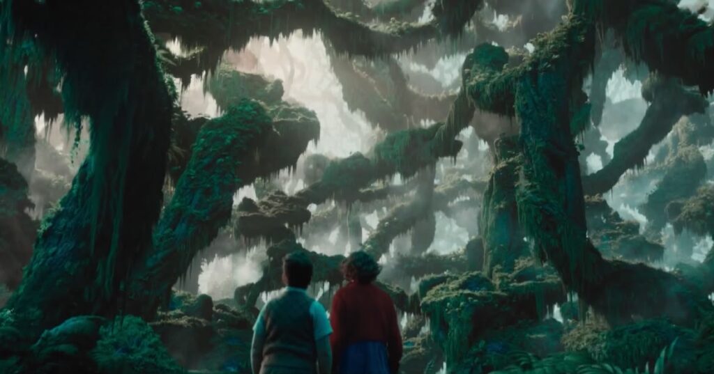 Trecho do trailer divulgado pelo streaming, onde vemos os protagonistas no bosque entre mundos. Foto: Divulgação/Netflix.