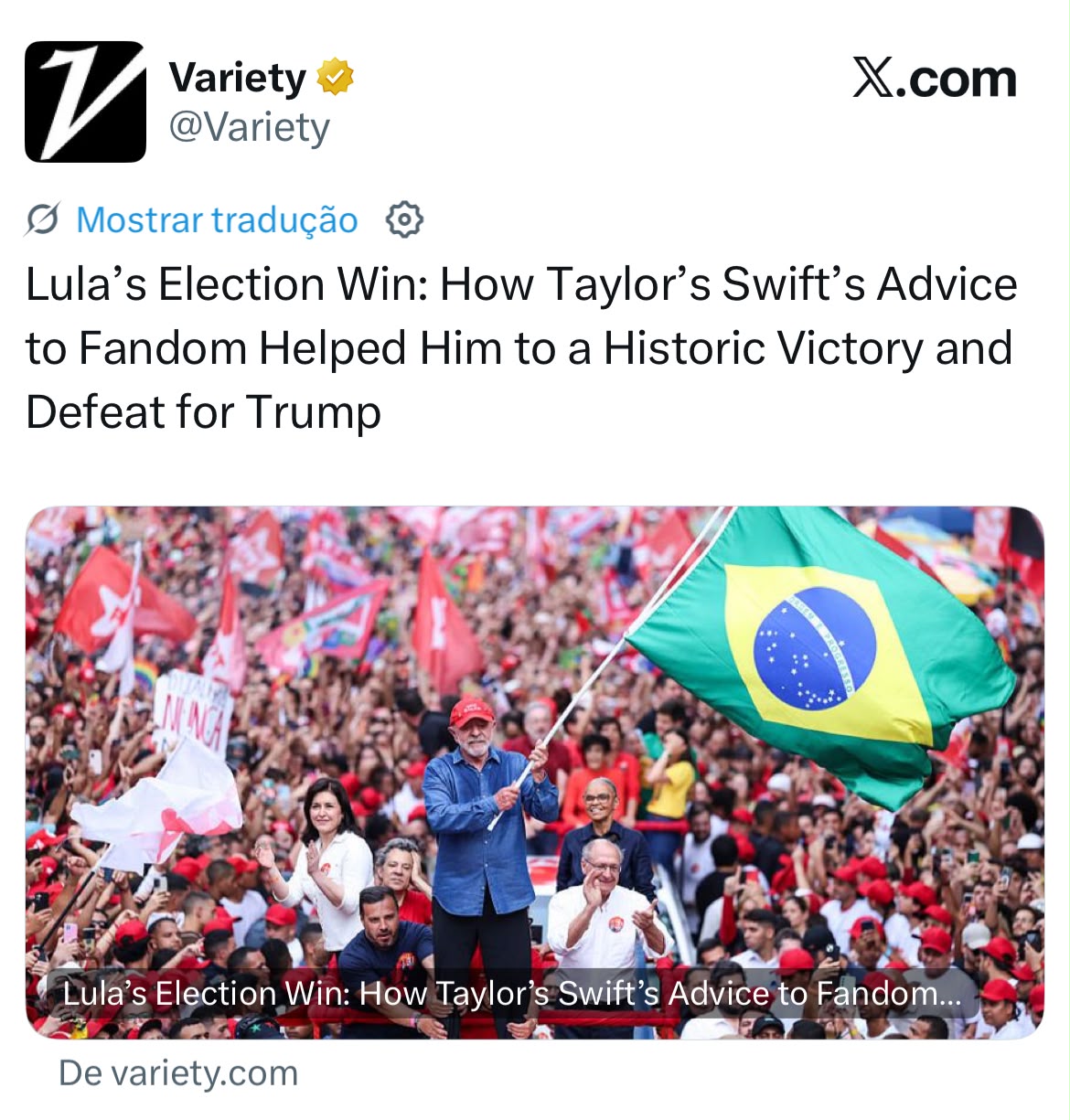 Matéria publicada no jornal estadunidense Variety sobre apoio de fãs brasileiros e a vitória de Lula. Imagem: Reprodução / X (Twitter)