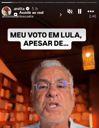 Anitta republicando vídeo declarando apoio á Lula. Imagem: Reprodução / Instagram